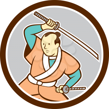 Illustration of a Samurai warrior wielding katana sword looking to the side set inside circle on isolated background done in cartoon style. 