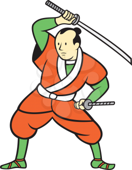 Illustration of a Samurai warrior standing wielding katana sword looking to the side set on isolated white background done in cartoon style. 