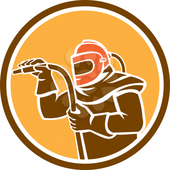 Illustration of a sandblaster worker holding sandblasting hose wearing helmet visor viewed from the side set inside circle on isolated background done in retro style.