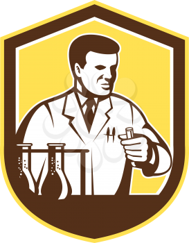 Illustration of scientist laboratory researcher chemist holding test tube with flasks set inside shield crest on isolated background done in retro style. 