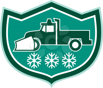 Illustration of a snow plow truck with snowflakes set inside shield crest  on isolated background done in retro style.