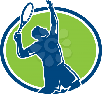Illustration of a silhouette tennis player holding racquet serving set inside oval shape on isolated background done in retro style. 