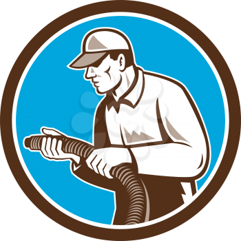 Illustration of a home insulation technician tradesman worker holding insulation pipe tubing set inside circle facing side done in retro woodcut style on isolated background.