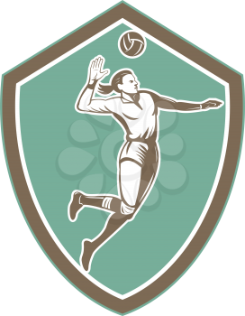 Illustration of a volleyball player spiker jumping spiking hitting ball set inside crest shield on isolated background done in retro style.
