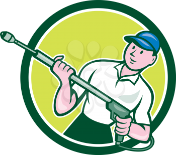 Illustration of a male pressure washing cleaner worker holding a water blaster viewed from front set inside circle shape on isolated background done in cartoon style. 