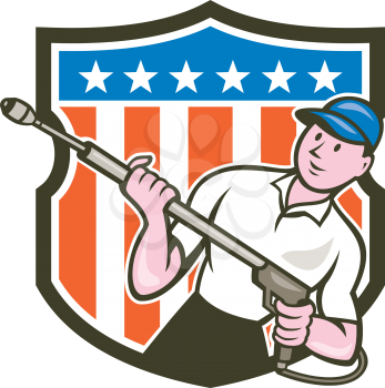Illustration of a male pressure washing cleaner worker holding a water blaster viewed from front set inside shield crest with usa american stars and stripes in the bacgkround done in cartoon style. 
