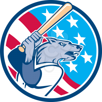 Illustration of a wolf baseball player with bat looking to the side set inside circle with usa stars and stripes  in the background done in retro style. 