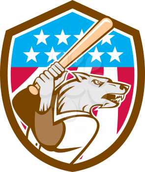 Illustration of a wolf baseball player with bat looking to the side set inside shield crest with usa stars and stripes  in the background done in retro style. 