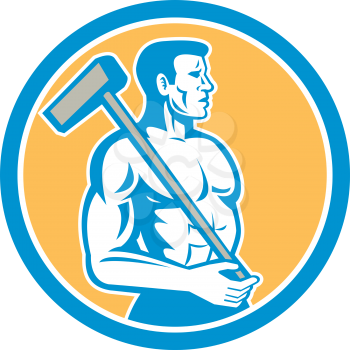 Illustration of a union worker holding sledgehammer hammer on shoulder done in retro style set inside circle on isolated background.
