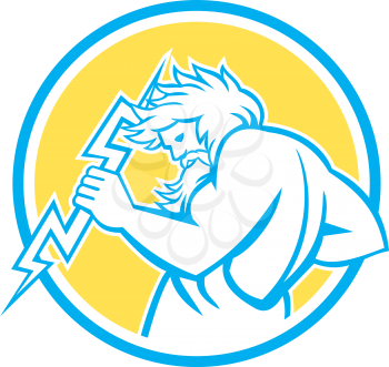 Illustration of Zeus, Greek god of the sky and ruler of the Olympian gods wielding holding a thunderbolt set inside circle on isolated white background.