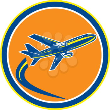 Illustration of a commercial jet plane airliner jumbo jet flying set inside circle on isolated background done in retro style.