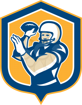 Illustration of an american football gridiron quarterback qb throwing ball set inside shield crest on isolated background done in retro style. 