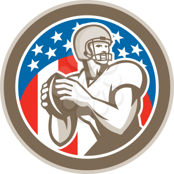 Illustration of an american football gridiron quarterback player throwing ball facing side set inside circle with stars in background done in retro style.