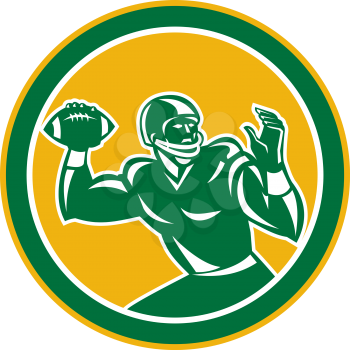 Illustration of an american football gridiron quarterback player throwing passing ball facing side set inside circle on isolated background done in retro style.