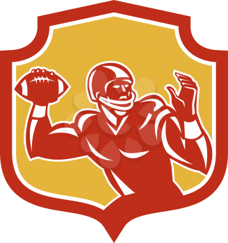 Illustration of an american football gridiron quarterback player throwing passing ball facing side set inside crest shield on isolated background done in retro style.