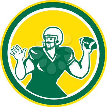 Illustration of an american football gridiron quarterback player throwing ball facing side set inside circle on isolated background done in retro style.