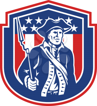 Illustration of an American Patriot holding a bayonet rifle facing front set inside crest shield with stars and stripes on isolated background done in retro style.