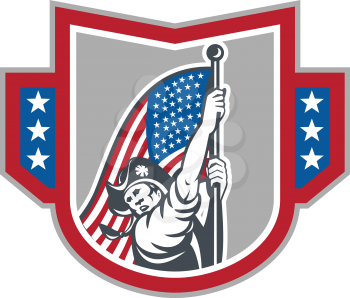 Illustration of an American Patriot brandishing holding up a stars and stripes  flag set inside crest shield on isolated white background.