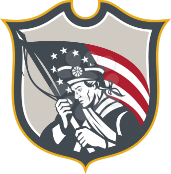 Illustration of an American Patriot holding a USA Betsy Ross flag set inside crest shield on isolated white background done in retro style.
