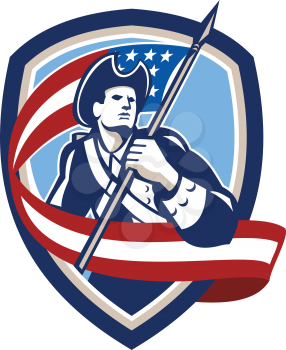 Illustration of an American Patriot revolutionary soldier waving USA stars and stripes flag looking to side set inside shield crest shape done in retro style