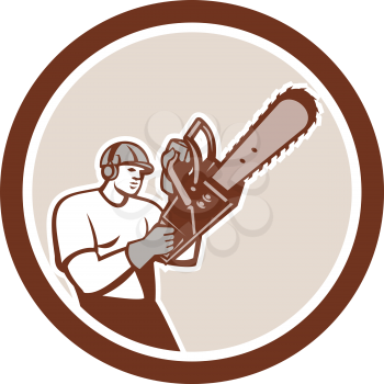 Illustration of lumberjack arborist tree surgeon holding a chainsaw set inside a circle on isolated white background.