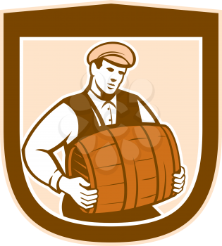 Illustration of a bartender worker carrying keg set inside shield crest on isolated white background done in retro style. 