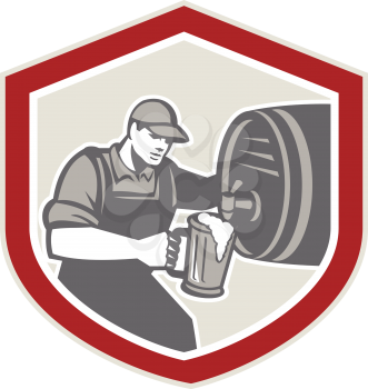 Illustration of a barman barkeeper bartender pouring keg barrel of beer ale into mug facing side set inside shield on isolated background.