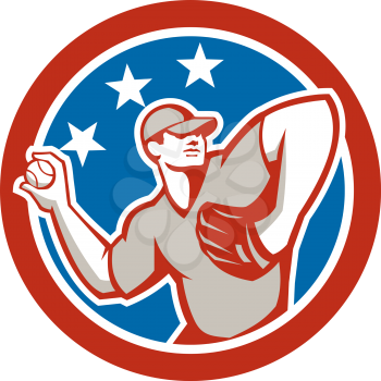Illustration of a american baseball player pitcher outfilelder throwing ball with stars in the background done in retro style. 