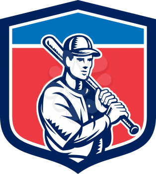 Illustration of a american baseball player batter hitter holding bat on shoulder set inside crest shield done in retro style on isolated background.