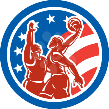 Illustration of american basketball players dunking lay-up shooting and blocking ball set inside circle with stars and stripes in the background done in retro style. 