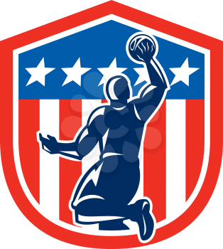 Illustration of a basketball player dunking rebounding ball viewed from the rear set inside American stars and stripes flag shield crest done in retro style. 