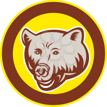Illustration of a grizzly bear head set inside circle on isolated background done in retro style. 