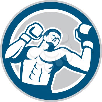 Illustration of a boxer boxing punching set inside circle done in retro style