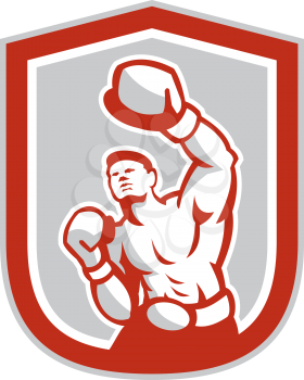 Illustration of a boxer boxing jabbing punching front view set inside shield crest on isolated white background done in retro style.