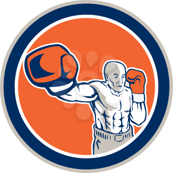 Illustration of a boxer jabbing punching set inside circle done in retro style on isolated background.