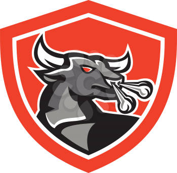Illustration of an angry raging bull head facing to side set inside crest shield done in retro style.