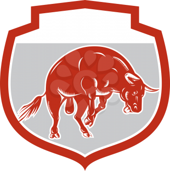 Illustration of a raging bull jumping attacking charging facing side set inside shield crest on isolated white background done in retro style.