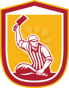Illustration of a butcher cutter worker holding meat cleaver knife facing side set inside shield crest on isolated background done in retro style. 