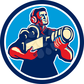 Illustration of a cameraman soundman movie director with headphones cradling holding vintage film movie camera set inside circle done in retro style.