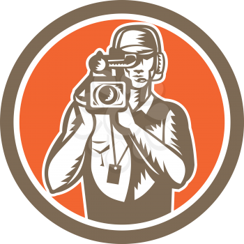 Illustration of a cameraman movie director holding filming vintage movie video camera set inside circle done in retro style.
