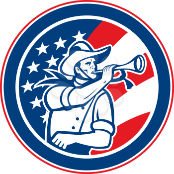 Illustration of an American calvary soldier blowing a bugle set insde circle with USA stars and stripes flag in background done in retro style.