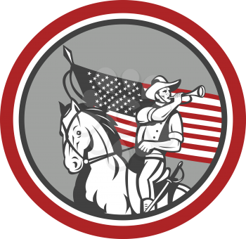 Illustration of an American cavalry soldier riding horse on blowing a bugle set inside circle with USA stars and stripes flag in background done in retro style.