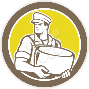 Illustration of a cheesemaker standing holding parmesan cheese block facing to side set inside circle on isolated background done in retro style.