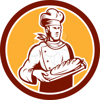 Illustration of a chef, cook or baker holding bread set inside circle on isolated background done in retro woodcut style. 