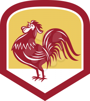 Illustration of a rooster cockerel crowing facing side set inside shield crest shape  done in retro woodcut style.