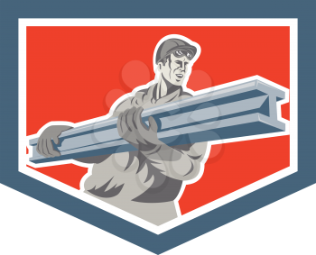 Illustration of construction steel worker carrying i-beam girder viewed from front set inside shield crest done in retro woodcut style.
