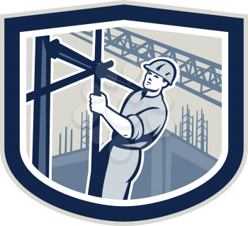 Illustration of construction worker climbing on scaffolding with buildings in background set inside shield crest shape on isolated background done in retro style.