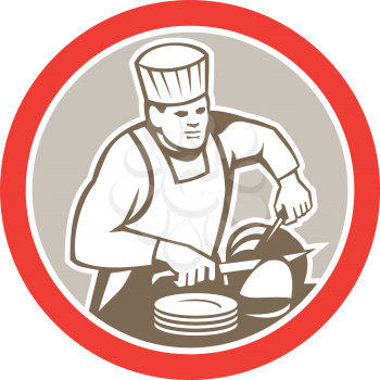 Illustration of a chef cook with knife plates slicing meat set inside circle on isolated background done in retro style.