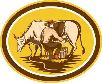 Illustration of farmer milking cow set inside oval on isolated background done in woodcut style. 
