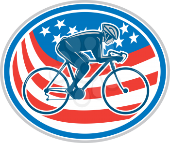 Illustration of a cyclist biking riding mountain bike facing side set inside oval with american flag stars and stripes in the background done in retro style. 